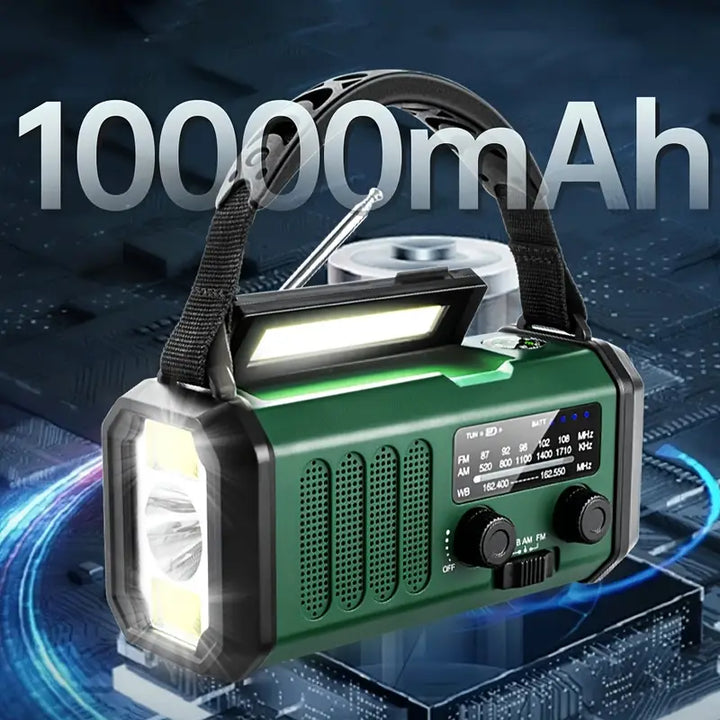 Multifunktionel solcelle-nødradio med powerbank og LED-lommelygte til camping og udendørs brug, robust og kompakt.