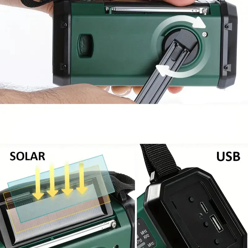 Multifunktionel solcelle-nødradio med powerbank og LED-lommelygte til camping og udendørs brug, robust og kompakt.