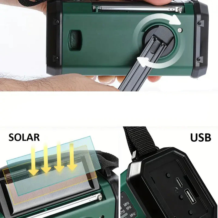 Multifunktionel solcelle-nødradio med powerbank og LED-lommelygte til camping og udendørs brug, robust og kompakt.
