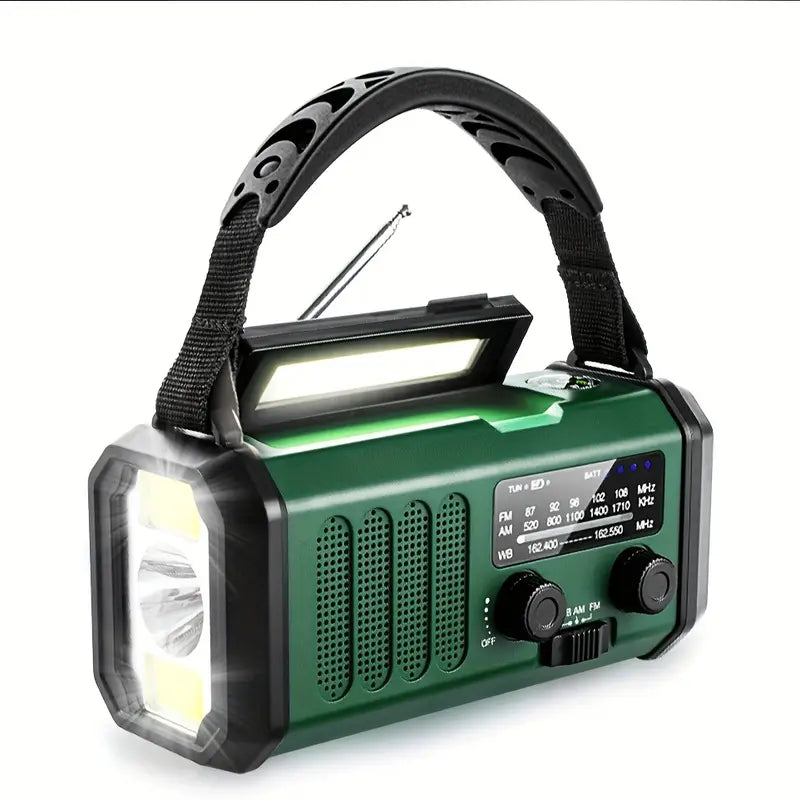 Multifunktionel solcelle-nødradio med powerbank og LED-lommelygte til camping og udendørs brug, robust og kompakt.