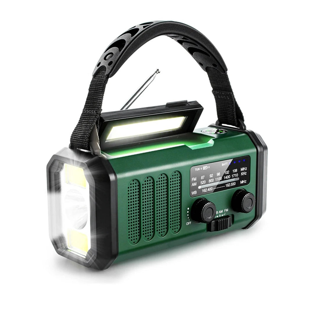 Nødradio, solcelledrevet & optrækkelig, med indbygget lommelygte. Perfekt til beredskab & camping.