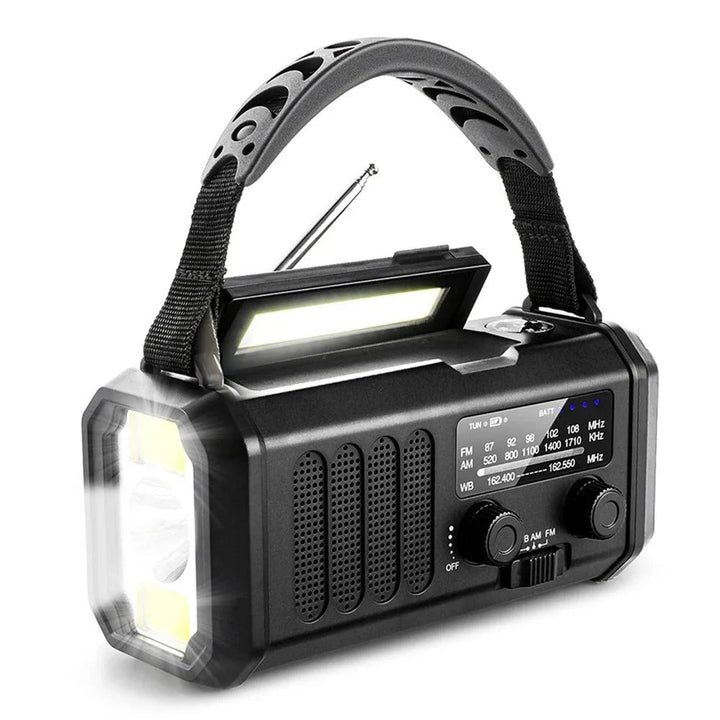 Multifunktionel nødradio med AM/FM radio, solcelle & håndsving. Oplad din telefon med den indbyggede powerbank.