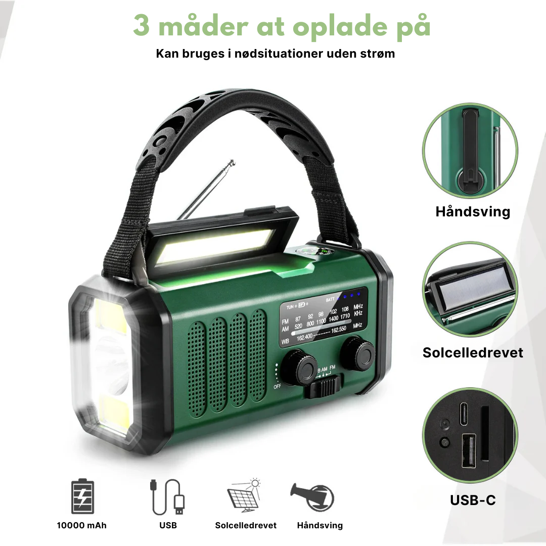 Bærbar nødradio med solcelle, håndsving & indbygget lommelygte. En essentiel del af dit beredskabsudstyr.