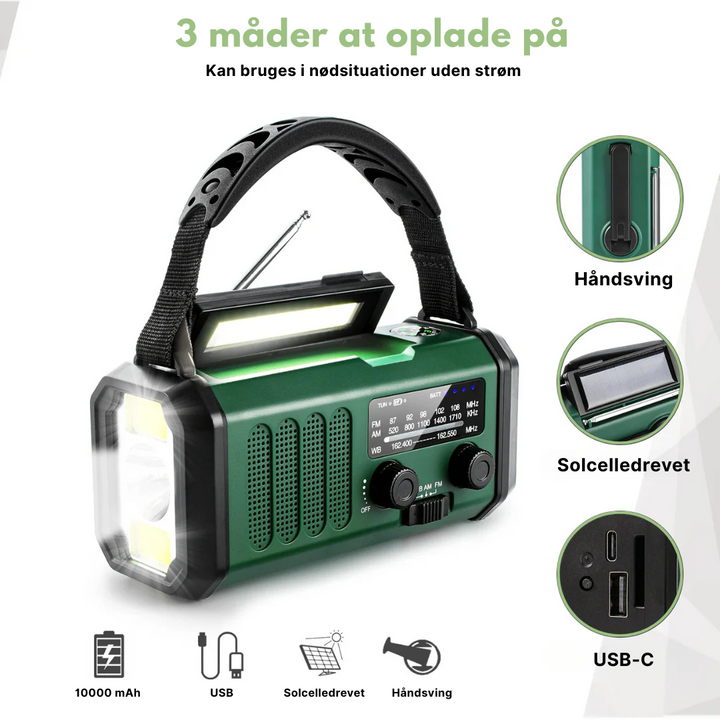 Bærbar nødradio med solcelle, håndsving & indbygget lommelygte. En essentiel del af dit beredskabsudstyr.