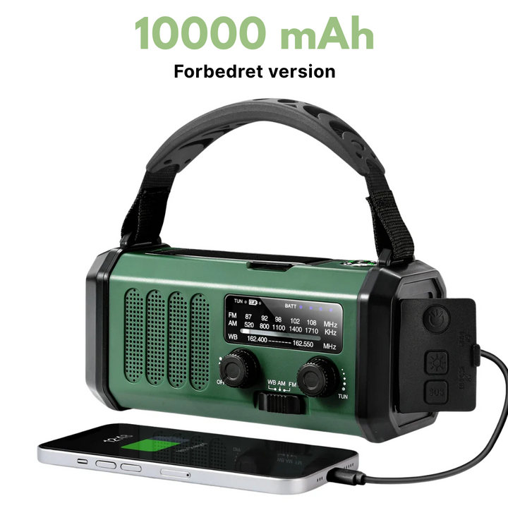Praktisk nødradio med AM/FM, solenergi, håndsving og powerbank funktion. Ideel til strømsvigt & udendørs.