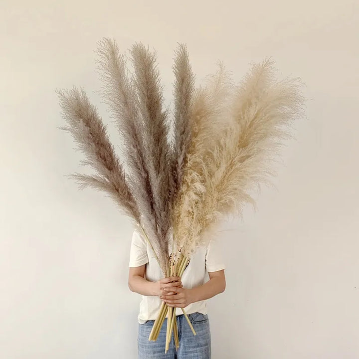 Langt, tørret pampasgræs i vase som elegant og naturlig indretning. Skaber hyggelig boho stemning.