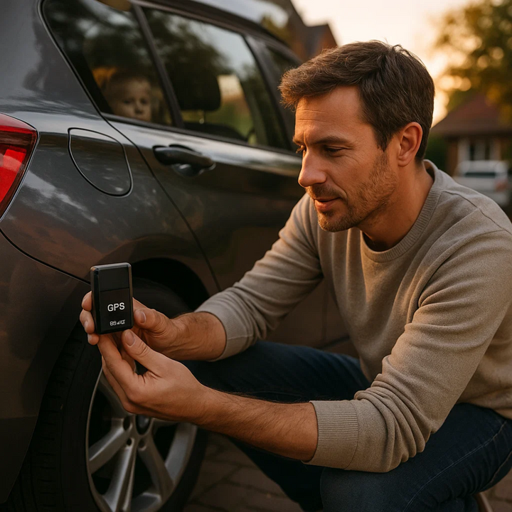 Magnetisk mini GPS-tracker monteret diskret på bil til live-sporing og sikkerhed.