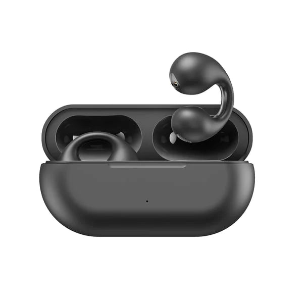 Nærbillede af en kvinde med trådløse sorte knogleledningshøretelefoner, elegant design og krystalklar HD-lyd.