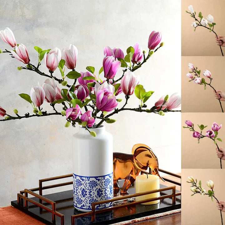 Naturtro kunstige magnoliagrener af silke med detaljerede blomster og blade til dekorative interiører
