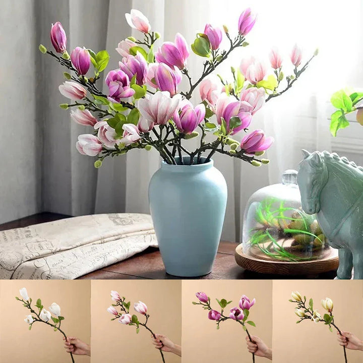 Naturtro kunstige magnoliagrener af silke med detaljerede blomster og blade til dekorative interiører