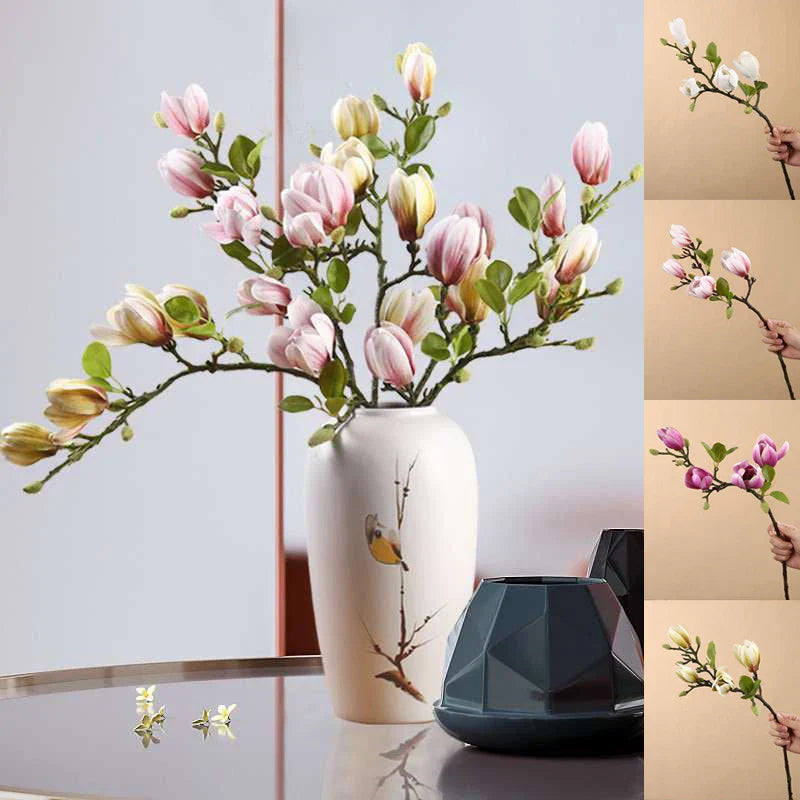 Naturtro kunstige magnoliagrener af silke med detaljerede blomster og blade til dekorative interiører
