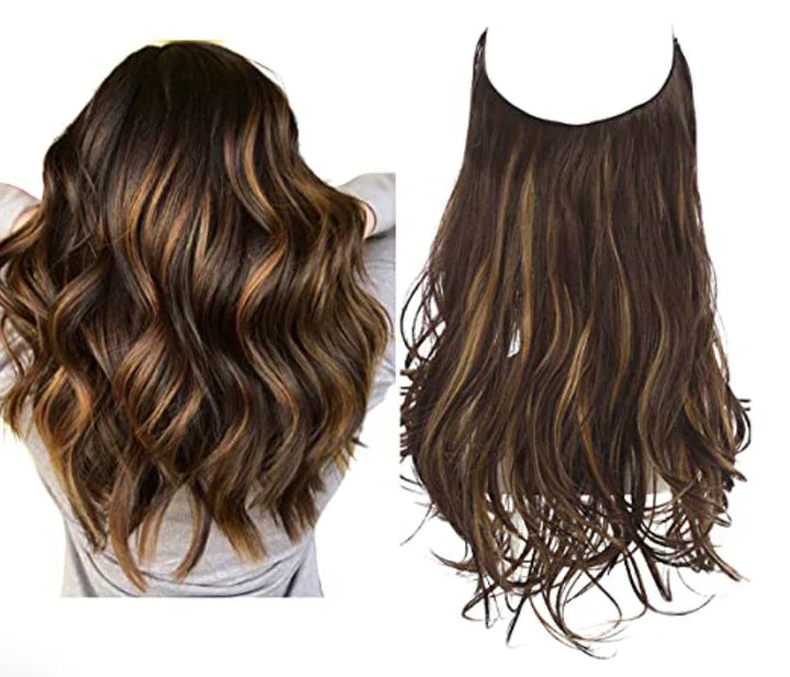 Naturlige ægte hår extensions i brun og blond, forlænget og fortætnet med naturlig glans, forskellige nuancer.