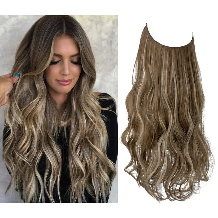 Naturlige ægte hår extensions i brun og blond, forlænget og fortætnet med naturlig glans, forskellige nuancer.