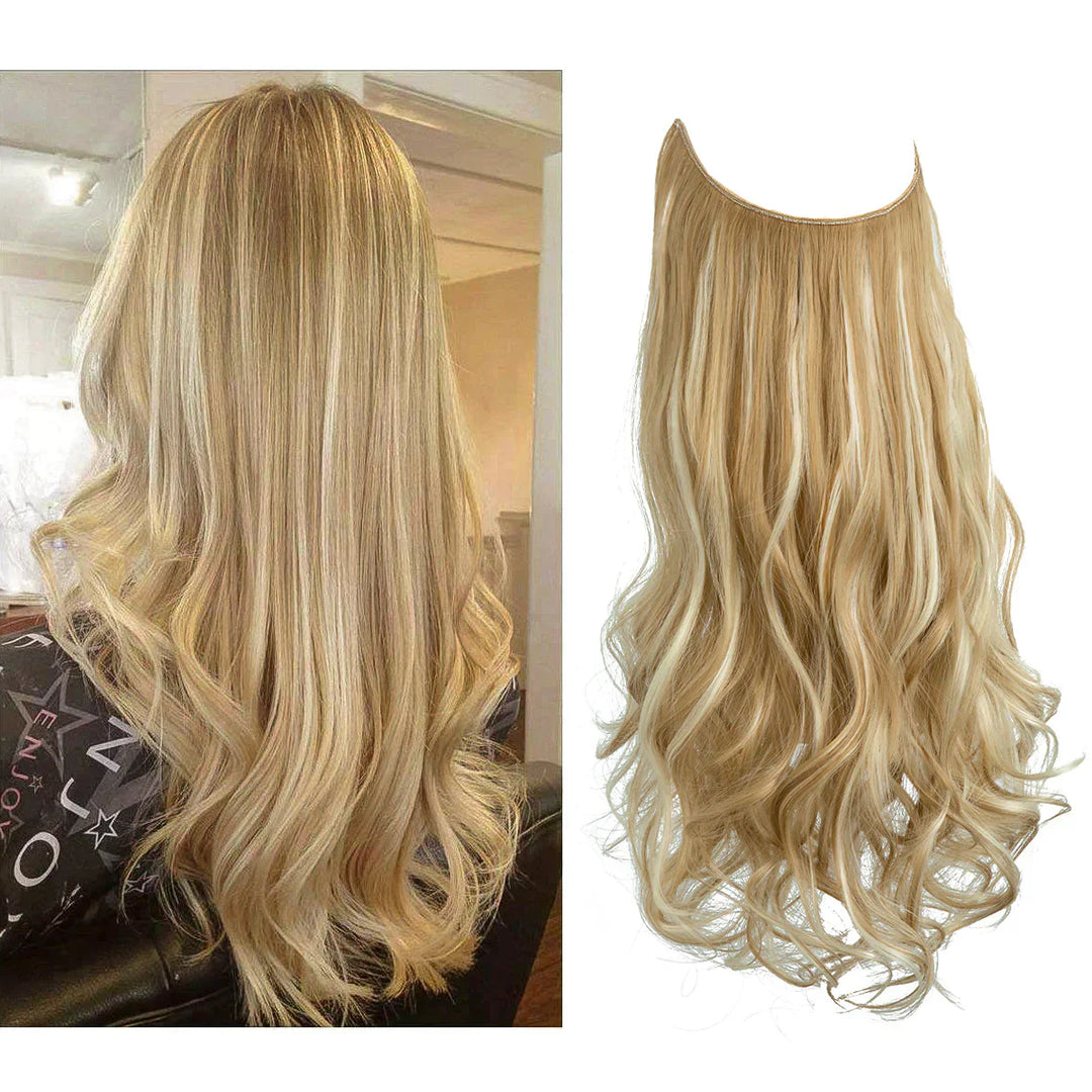 Naturlige ægte hår extensions i brun og blond, forlænget og fortætnet med naturlig glans, forskellige nuancer.