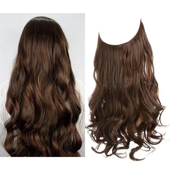 Naturlige ægte hår extensions i brun og blond, forlænget og fortætnet med naturlig glans, forskellige nuancer.