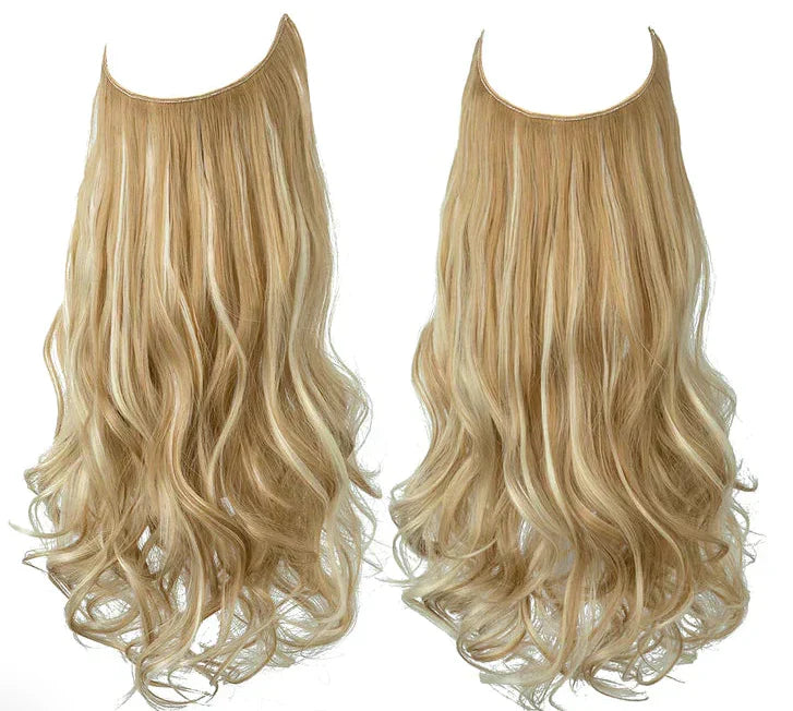 Naturlige ægte hår extensions i brun og blond, forlænget og fortætnet med naturlig glans, forskellige nuancer.
