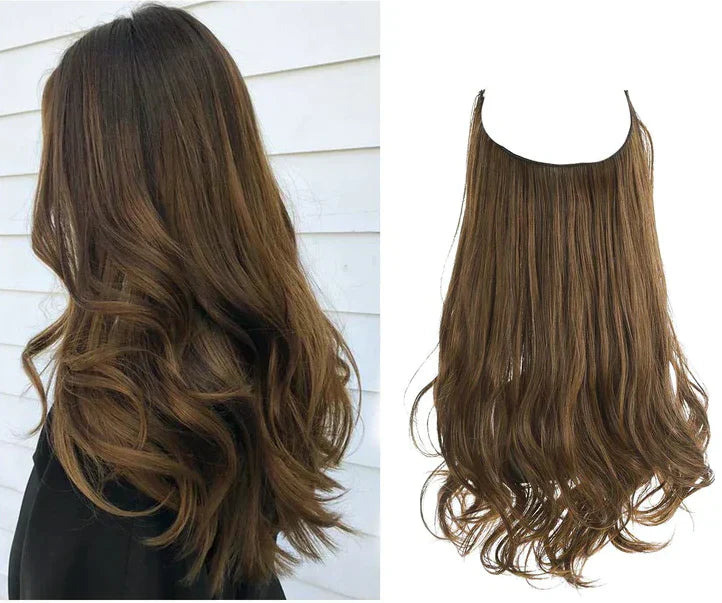 Naturlige ægte hår extensions i brun og blond, forlænget og fortætnet med naturlig glans, forskellige nuancer.