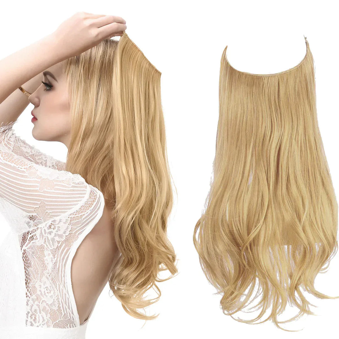 Naturlige ægte hår extensions i brun og blond, forlænget og fortætnet med naturlig glans, forskellige nuancer.