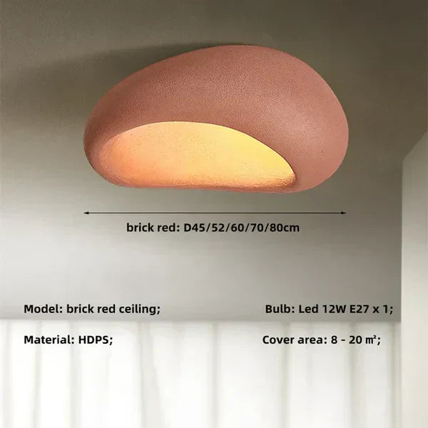 Naturlig Wabi-Sabi loftlampe i metal med betonlook, moderne design, varmt lys, for afslappede rum.