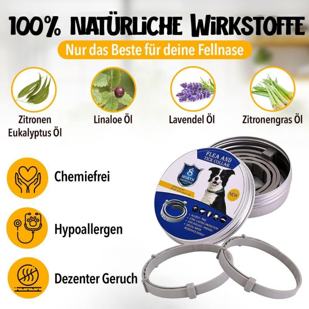 NaturaGuard halsbånd, naturlig flåtbeskyttelse til hunde, grønt, vandtæt, justerbart, tilpasser sig ethvert kæledyr.