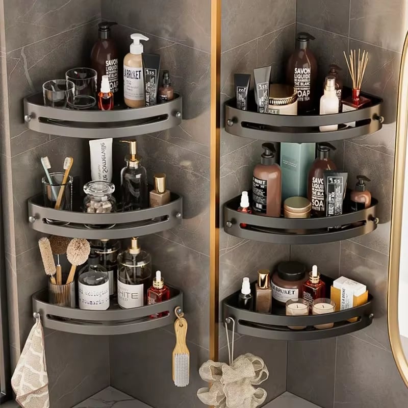 NexaAura TrioShelf elegant hjørnehylde i rustfrit aluminium. Perfekt væghylde til badeværelse & køkken.