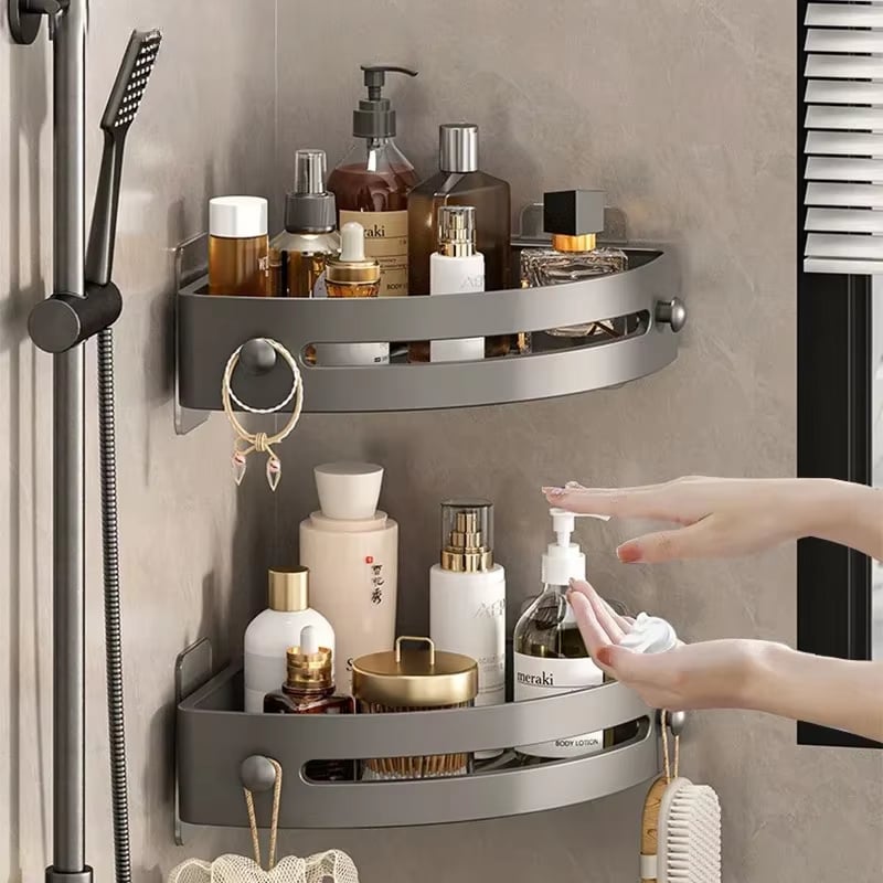 Rustfri TrioShelf hjørnehylde til badeværelset med pladsbesparende opbevaring af shampoo & sæbe uden boring.