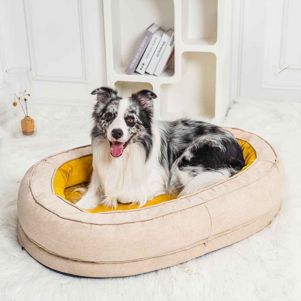 "Orthopädisches flauschiges Haustierbett in Donutform, beige, für Hunde, bietet Komfort und Unterstützung auf glatten Böden."