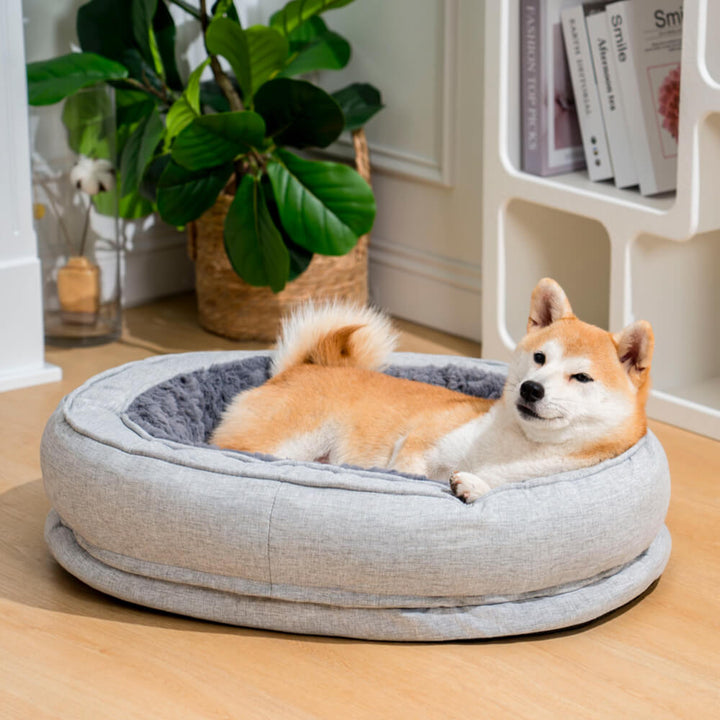 "Orthopädisches flauschiges Haustierbett in Donutform, beige, für Hunde, bietet Komfort und Unterstützung auf glatten Böden."