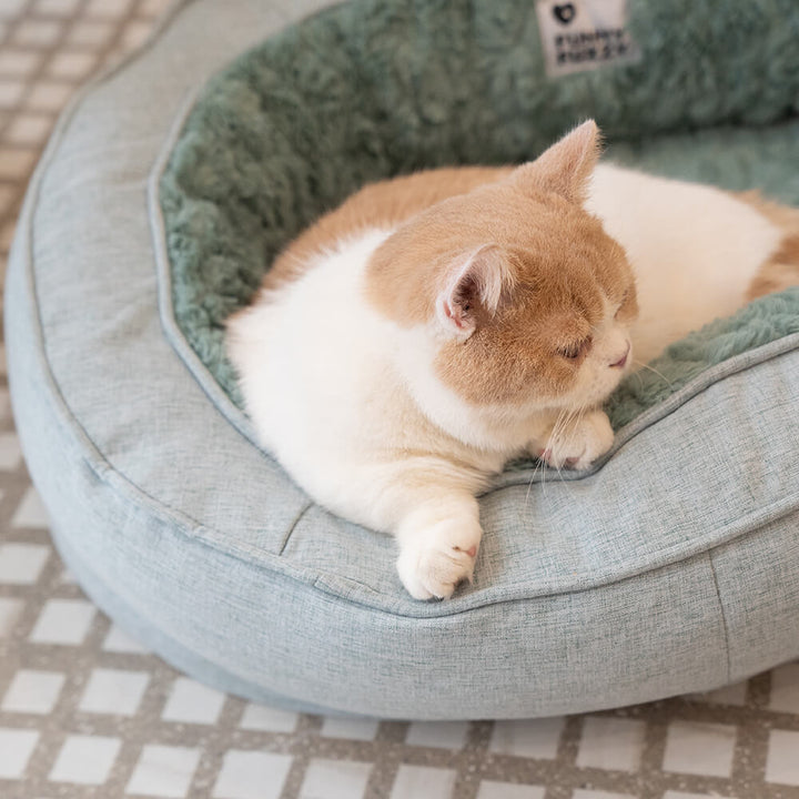 Ortopædisk fluffy kæledyrsseng i donutform, beige, til hunde, tilbyder komfort og støtte på glatte gulve.