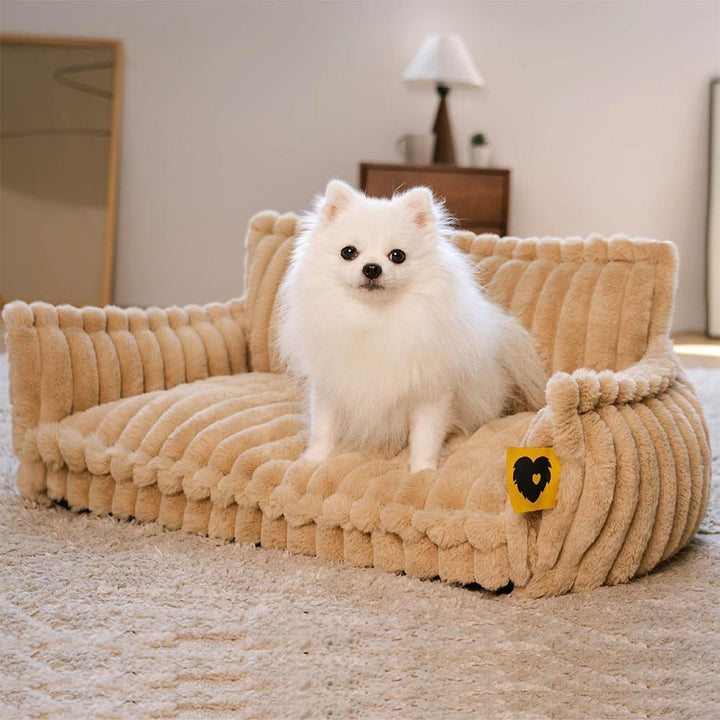 Ortopædisk vaskbar hundeseng i imiteret pels med pude og armlæn, ideel til ledstøtte, grå.