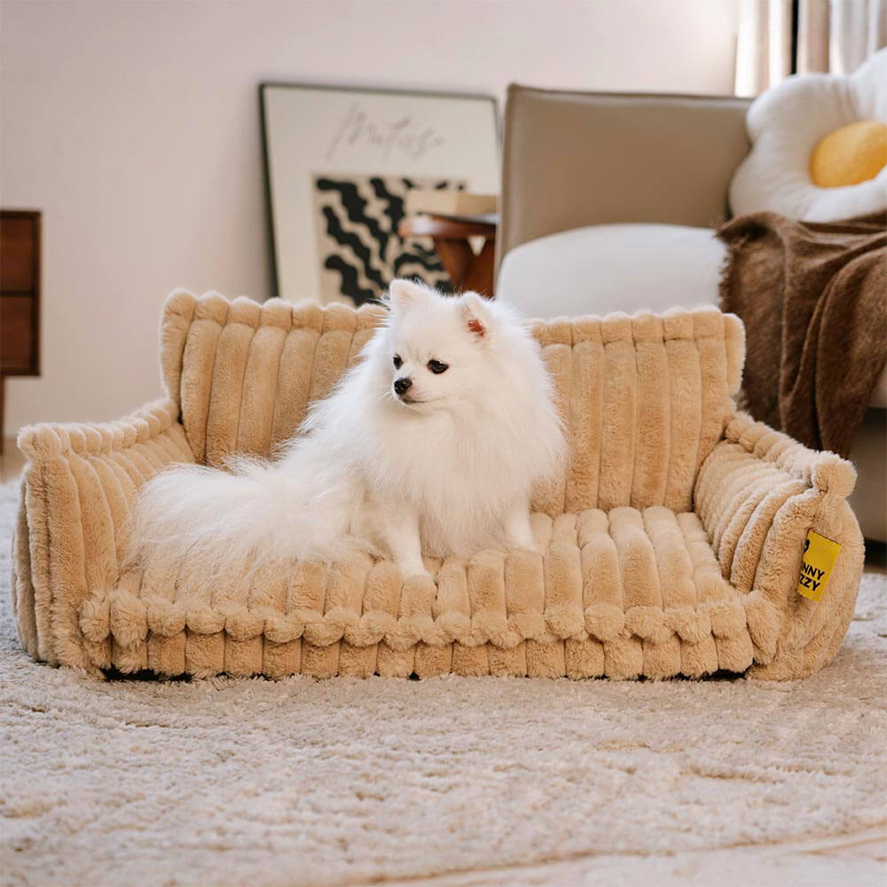 "Orthopädisches waschbares Hundebett aus Kunstfell mit Kissen und Armlehnen, ideal für Gelenkunterstützung, grau."