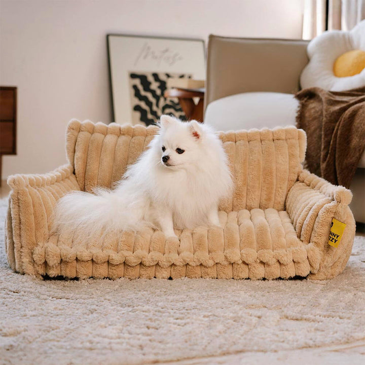 "Orthopädisches waschbares Hundebett aus Kunstfell mit Kissen und Armlehnen, ideal für Gelenkunterstützung, grau."