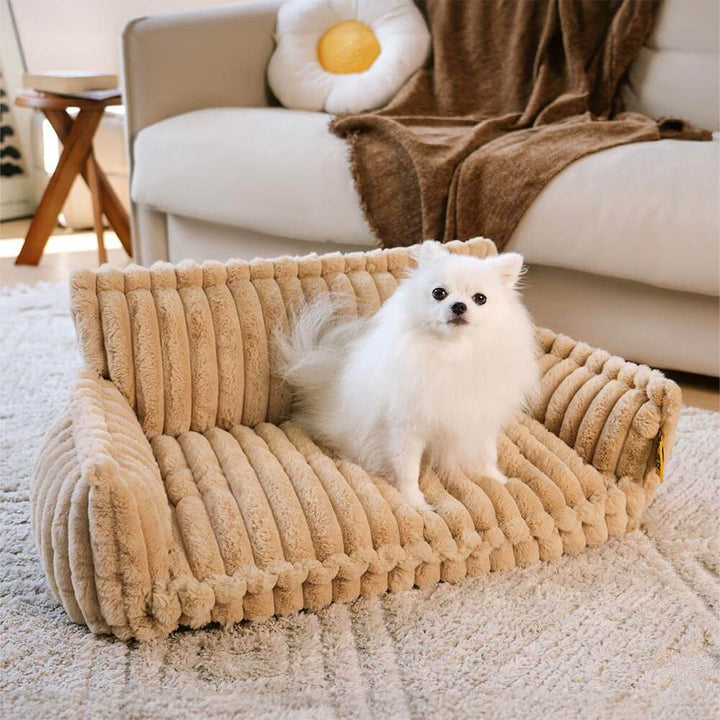 "Orthopädisches waschbares Hundebett aus Kunstfell mit Kissen und Armlehnen, ideal für Gelenkunterstützung, grau."