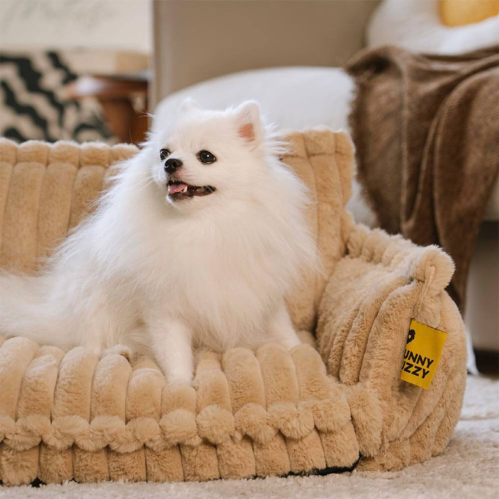 "Orthopädisches waschbares Hundebett aus Kunstfell mit Kissen und Armlehnen, ideal für Gelenkunterstützung, grau."