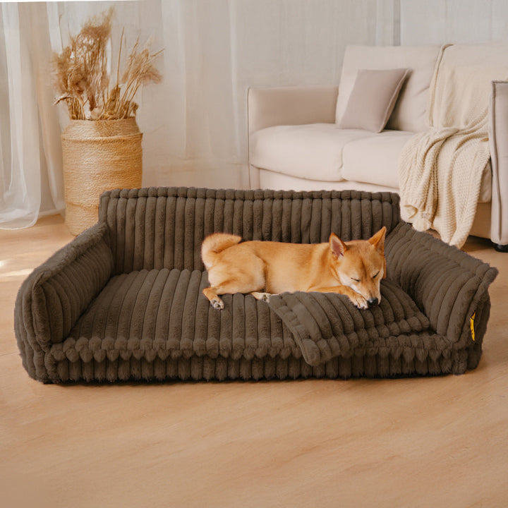 "Orthopädisches waschbares Hundebett aus Kunstfell mit Kissen und Armlehnen, ideal für Gelenkunterstützung, grau."