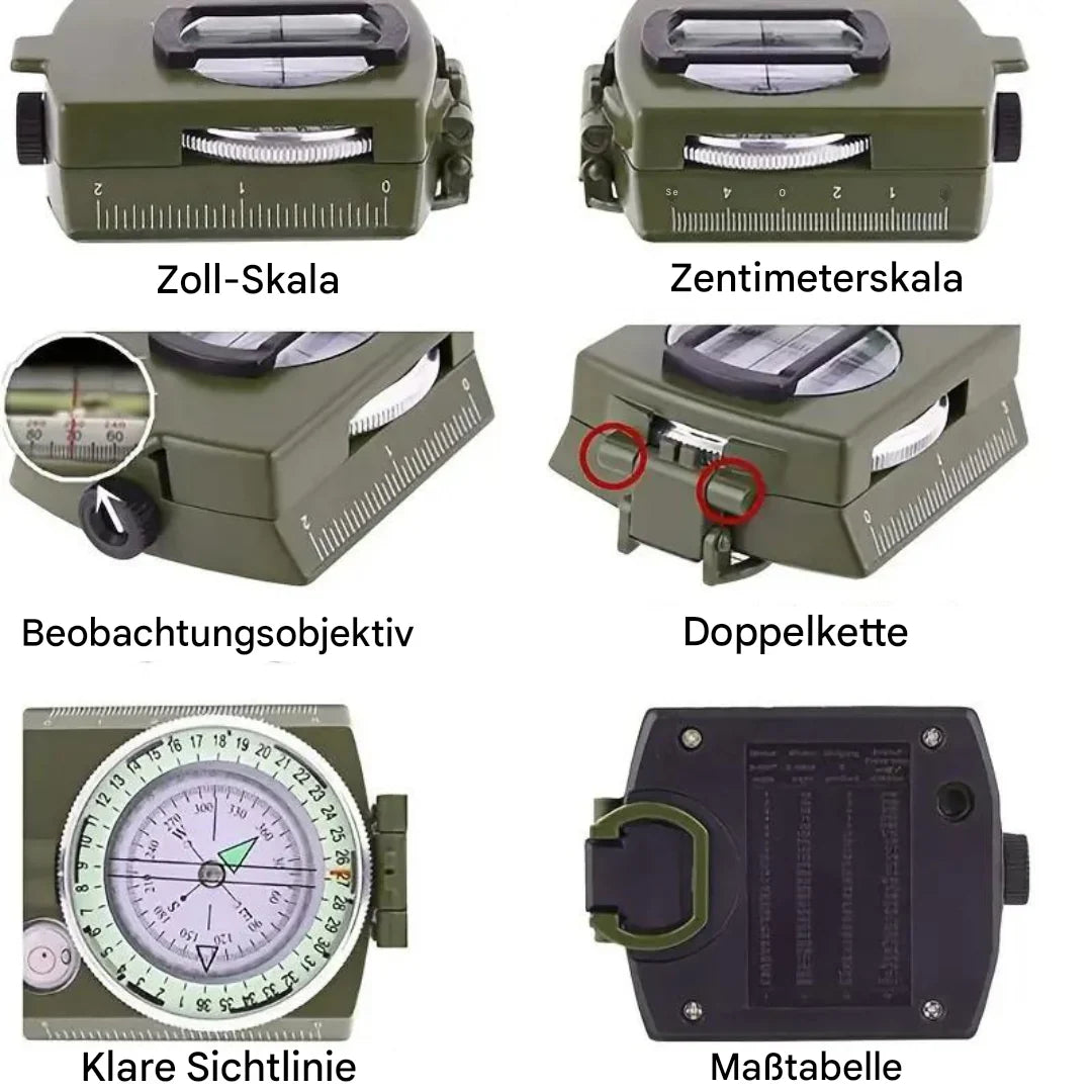 PfadFinder udendørs kompas med foldbart, robust design og lysende display for præcis navigation under eventyr.