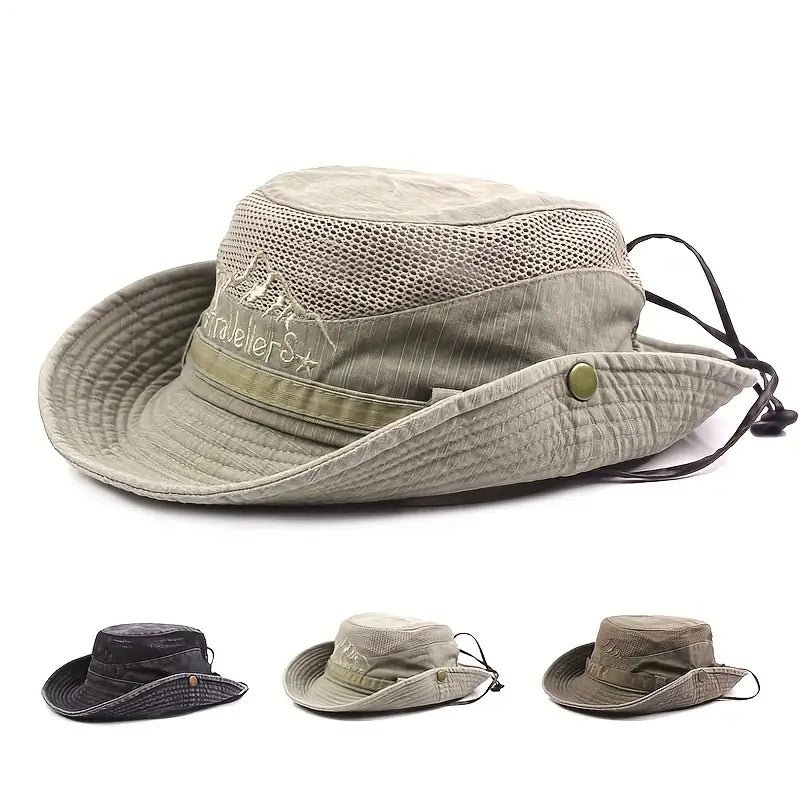 Outdoor solhat med bred skygge, UV-beskyttelse, justerbare stropper, ideel til vandreture og stranddage.