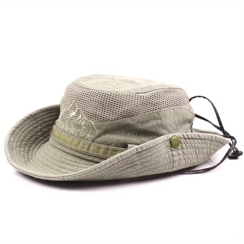Outdoor solhat med bred skygge, UV-beskyttelse, justerbare stropper, ideel til vandreture og stranddage.