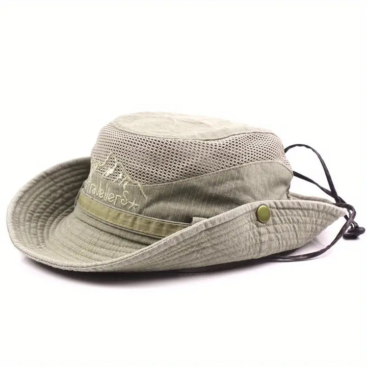 Outdoor solhat med bred skygge, UV-beskyttelse, justerbare stropper, ideel til vandreture og stranddage.