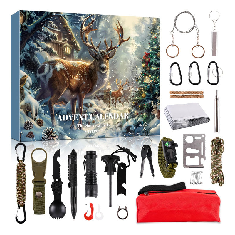 Overlevelses Adventskalender 2025. Unik julegave med outdoorudstyr & nødudstyr til eventyrere.