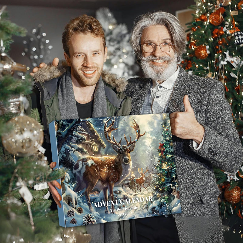 Detaljeret design af Overlevelses Adventskalender 2025. Julegave fyldt med nødudstyr.