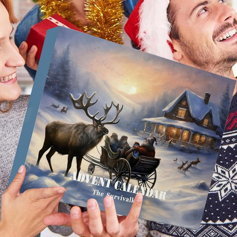 Komplet overlevelsessæt pakket i Overlevelses Adventskalender 2025. Essentialt outdoorudstyr.