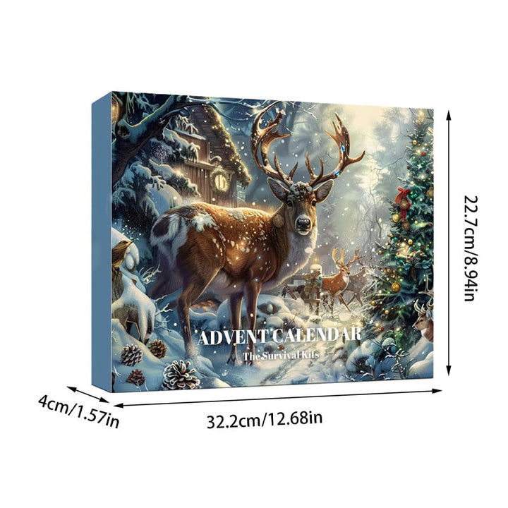 Åbnet Overlevelses Adventskalender 2025 viser praktisk campingudstyr & værktøj for vandrere.