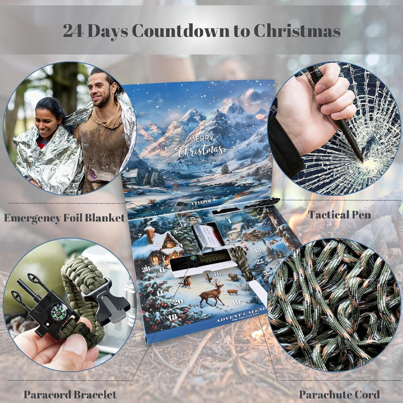Overlevelses Adventskalender 2025 i natur. Julegave med praktisk udstyr til outdoor & eventyr.