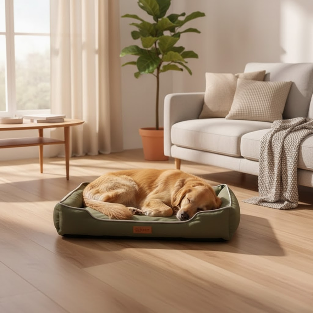 Komfortabel PetLounge ortopædisk hundeseng, ideel for seniorhunde med ledproblemer. Blød og støttende.