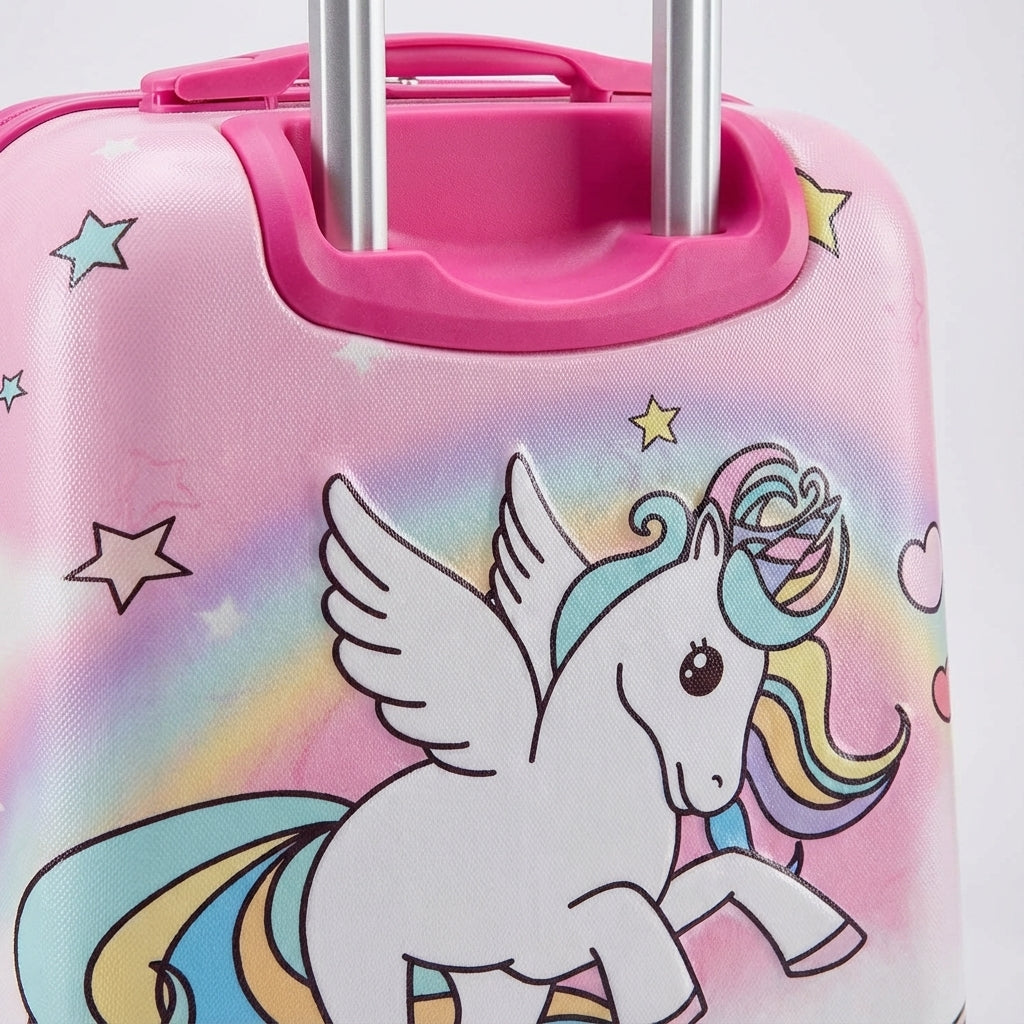 Sød pink enhjørning rejsekuffert til børn. Let hardcase børnebagage med hjul for nemme rejser.