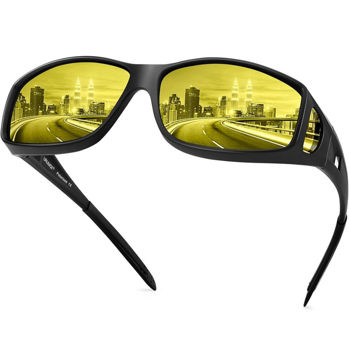 Polariseret natkørebrille, gule glas, sidebillede; reducerer blænding, ideelle til sikker natkørsel.