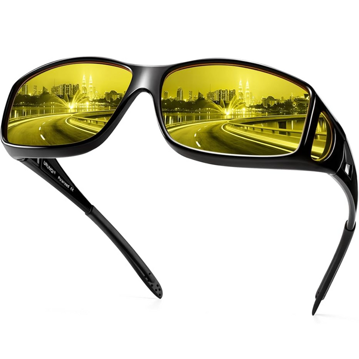 Polariseret natkørebrille, gule glas, sidebillede; reducerer blænding, ideelle til sikker natkørsel.