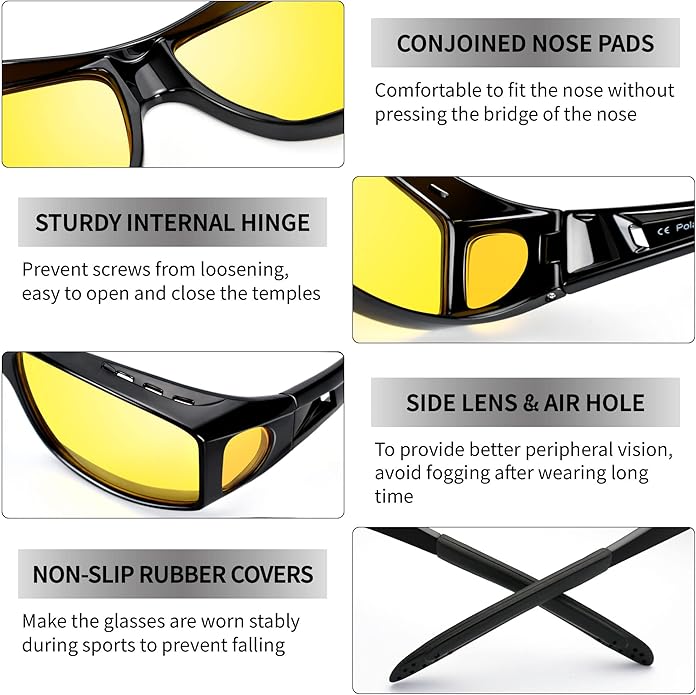 Polariseret natkørebrille, gule glas, sidebillede; reducerer blænding, ideelle til sikker natkørsel.