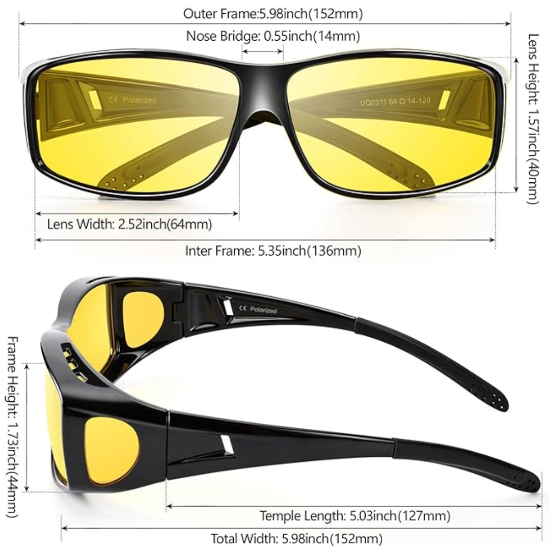 Polariseret natkørebrille, gule glas, sidebillede; reducerer blænding, ideelle til sikker natkørsel.